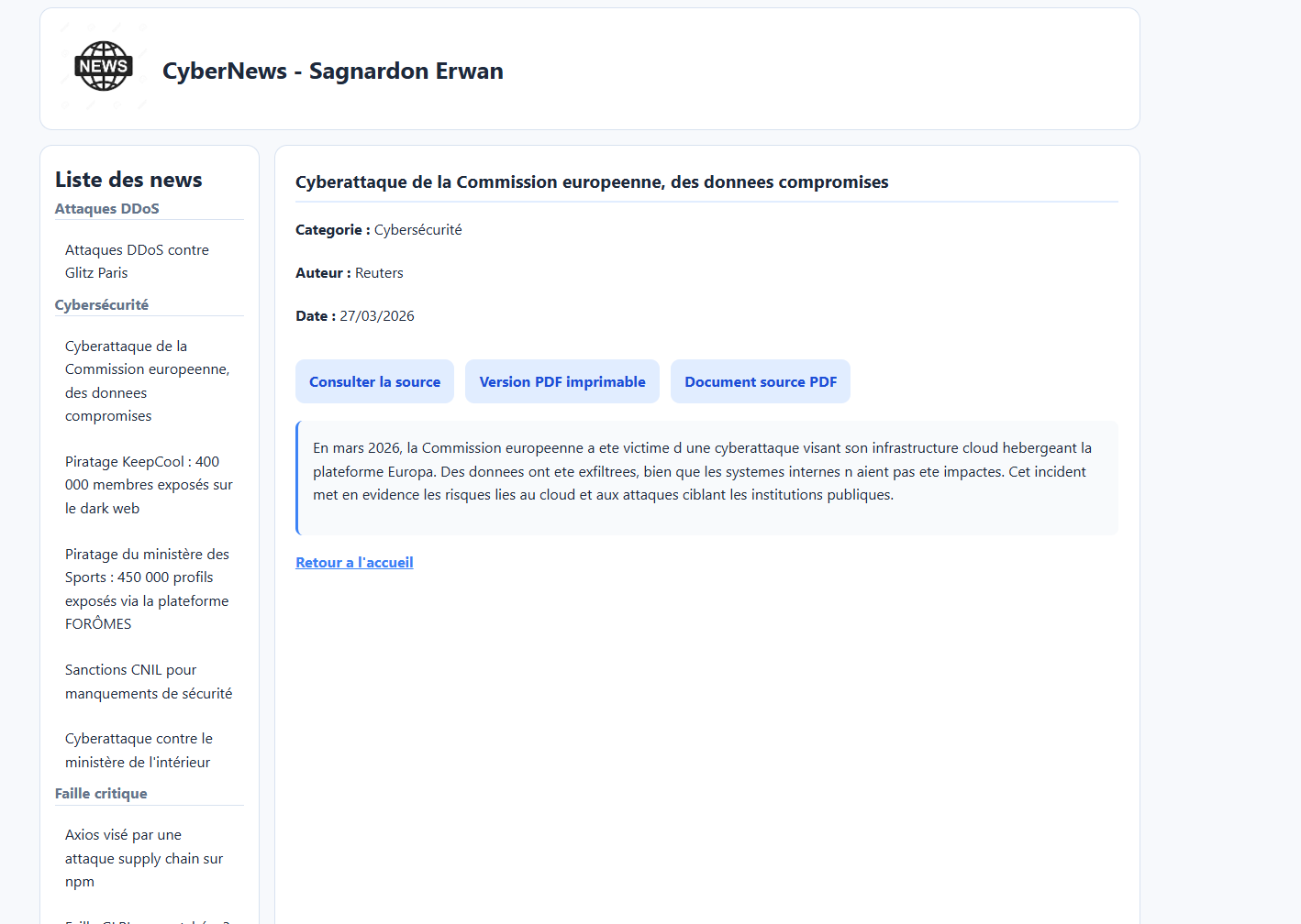 Capture de la page CyberNews : menu dynamique des categories, fiche detaillee d'une news, metadonnees, liens source et resume.