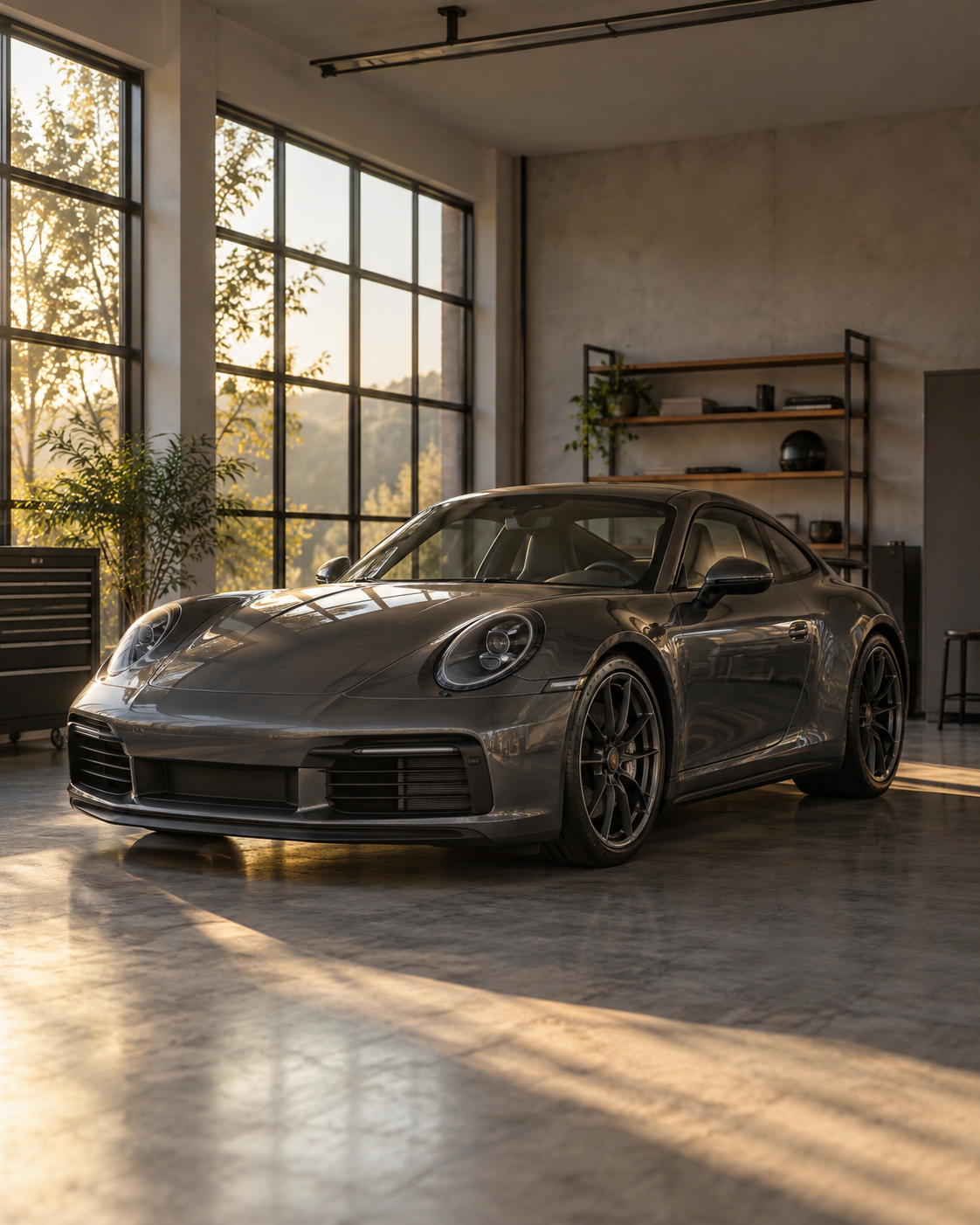 Illustration générée : un coupé sportif gris dans un garage éclairé par le soleil