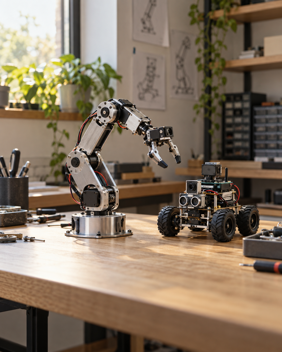 Illustration générée : des prototypes robotiques sur un établi
