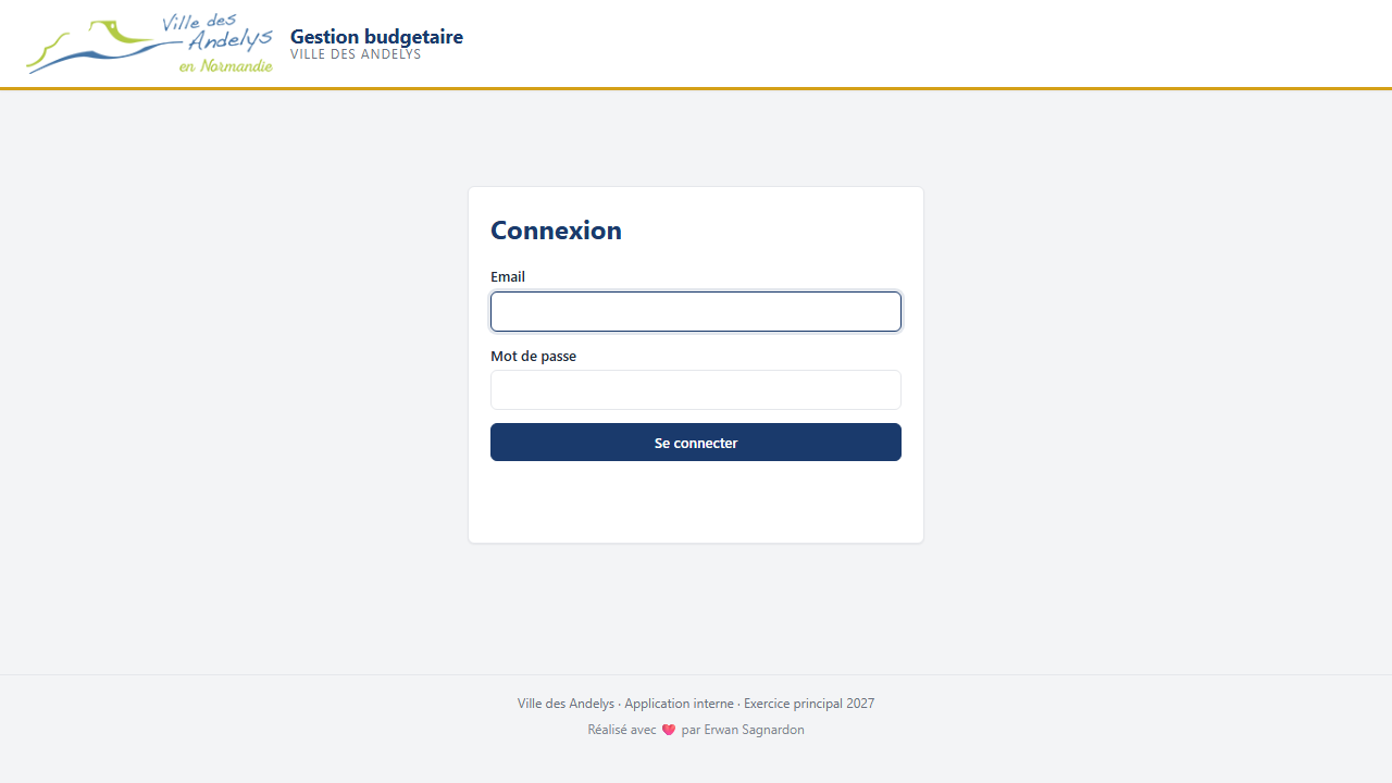 Capture de l’écran de connexion de l’application de gestion budgétaire.