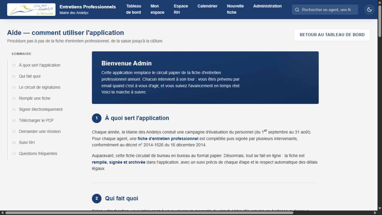 Guide intégré : présentation du fonctionnement et des rôles dans l’application.