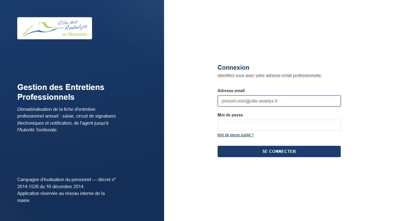 Capture de l’écran de connexion de l’application de gestion des entretiens professionnels.