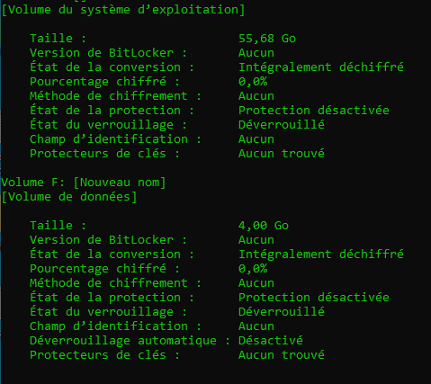 Capture du compte rendu : etat de protection et de chiffrement d'un volume Windows.