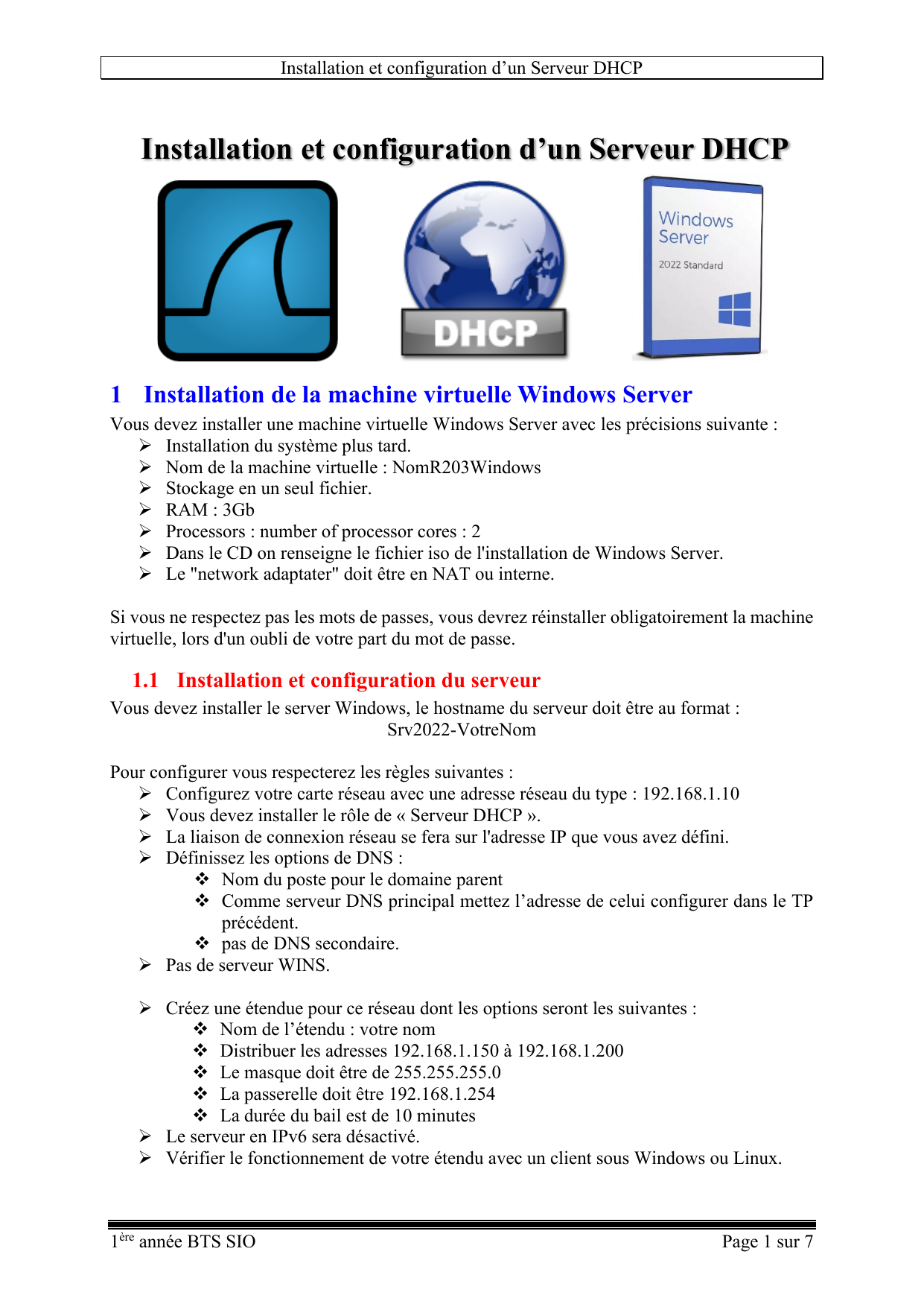 Capture du support de TP : installation, étendue et réservation du serveur DHCP.