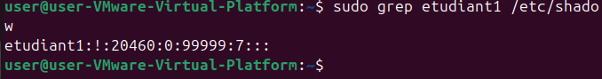 Capture du terminal Ubuntu : vérification du compte Linux après sa création.