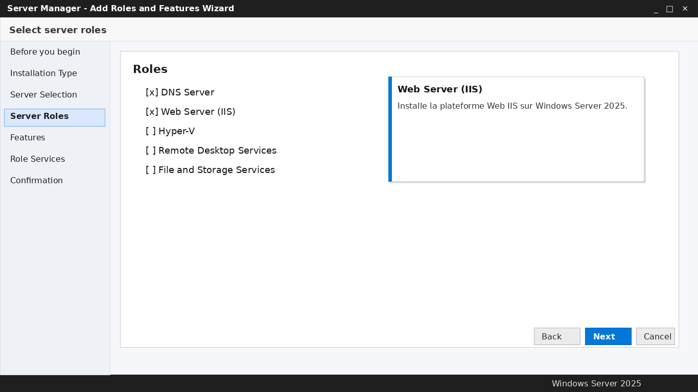 Capture du compte rendu : rôle IIS et services Web selectionnes dans Windows Server.