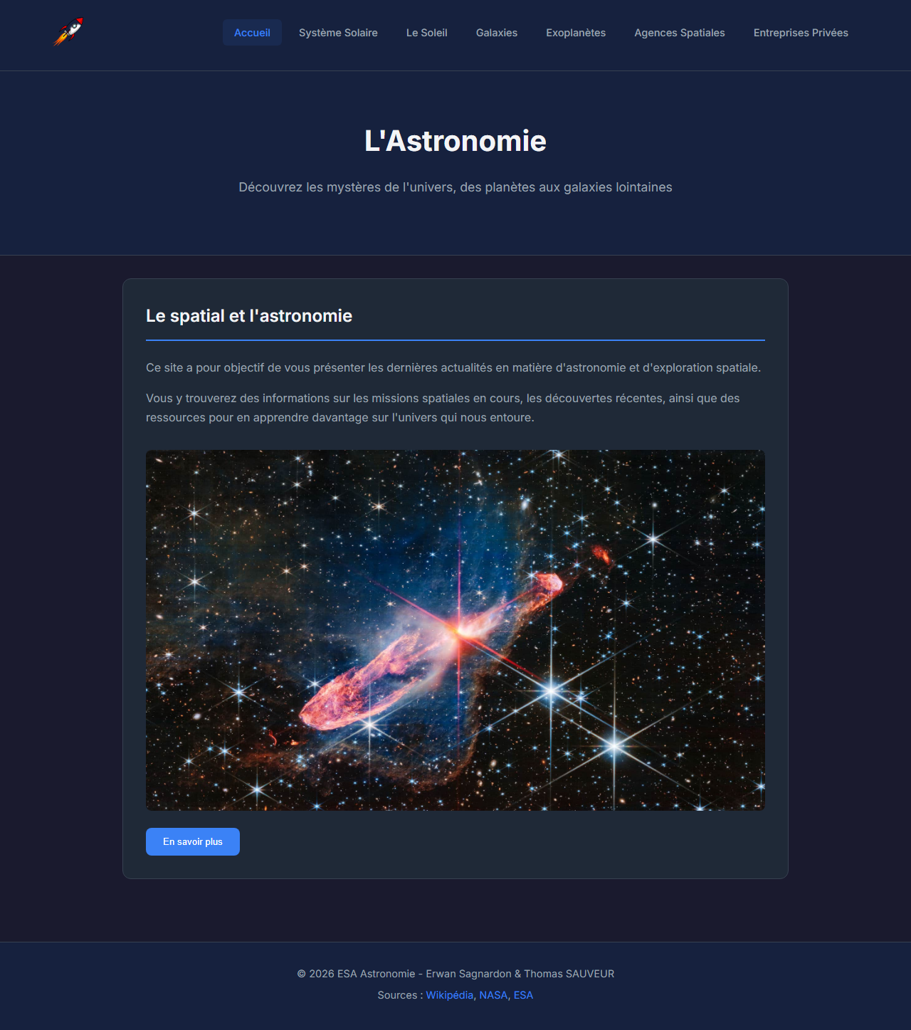 Capture du site Astronomie : accueil, navigation multi-pages et contenu responsive.